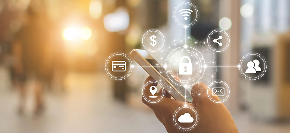 Hand using cellphone with virtual icons